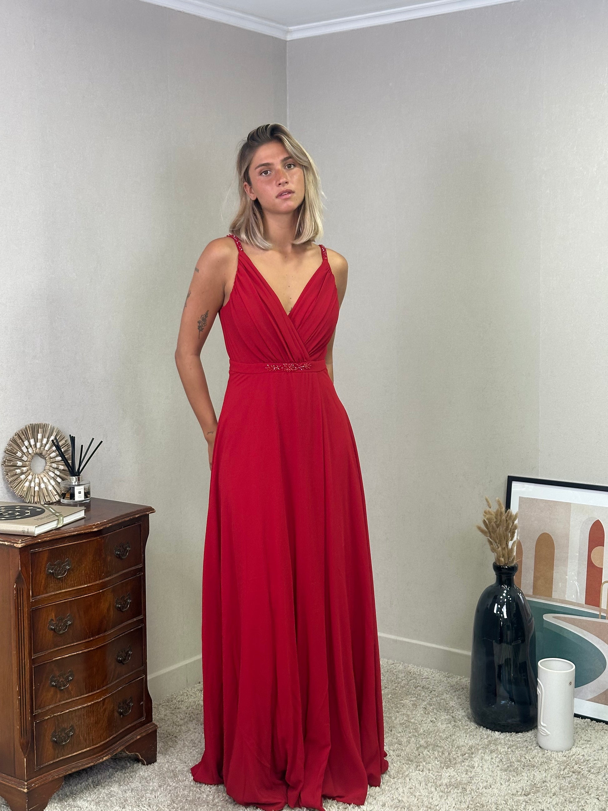 Robe de cérémonie fendue à bretelles, décolleté croisé et taille ornée - Pekin