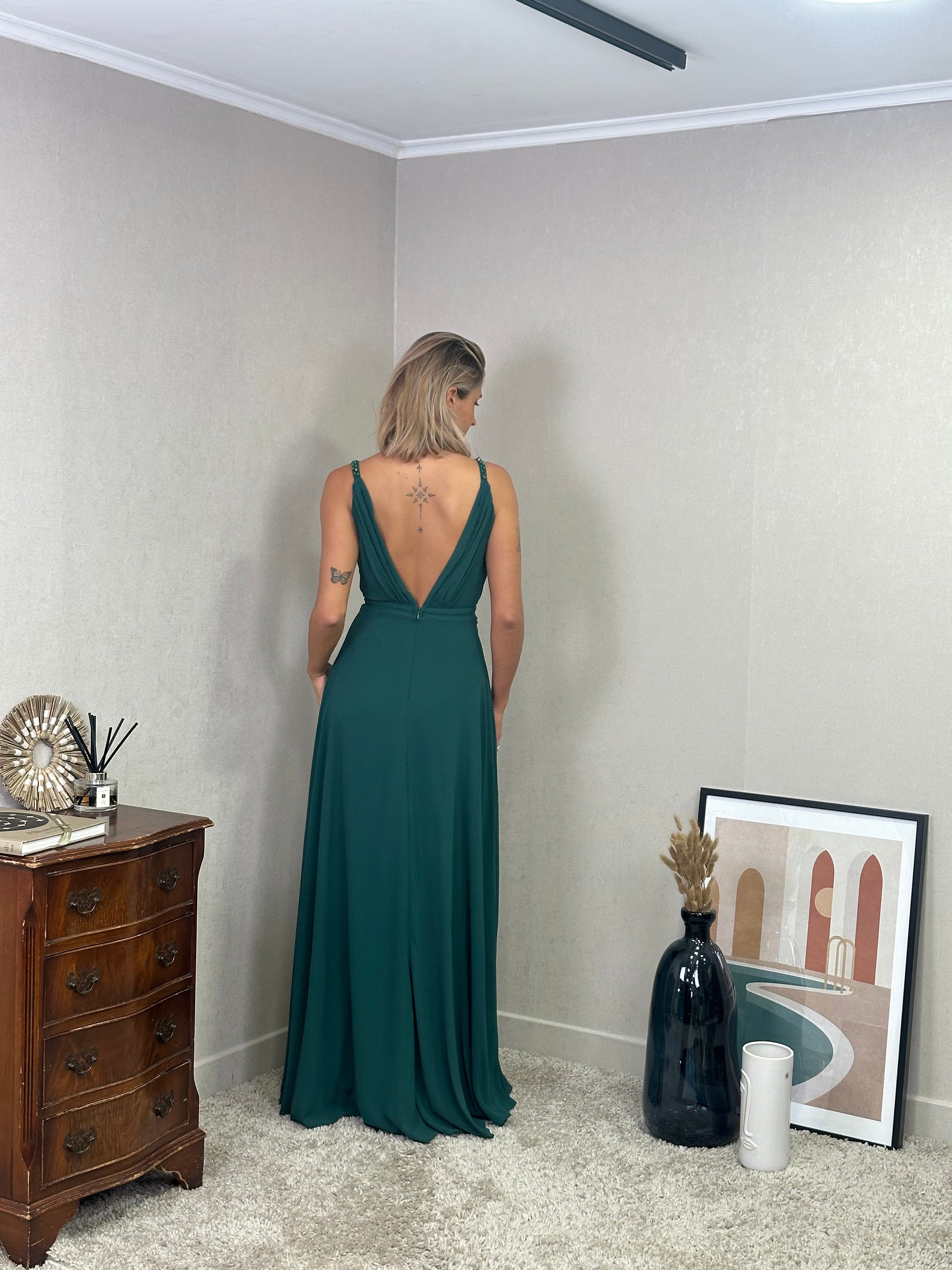 Robe de cérémonie fendue à bretelles, décolleté croisé et taille ornée - Pekin