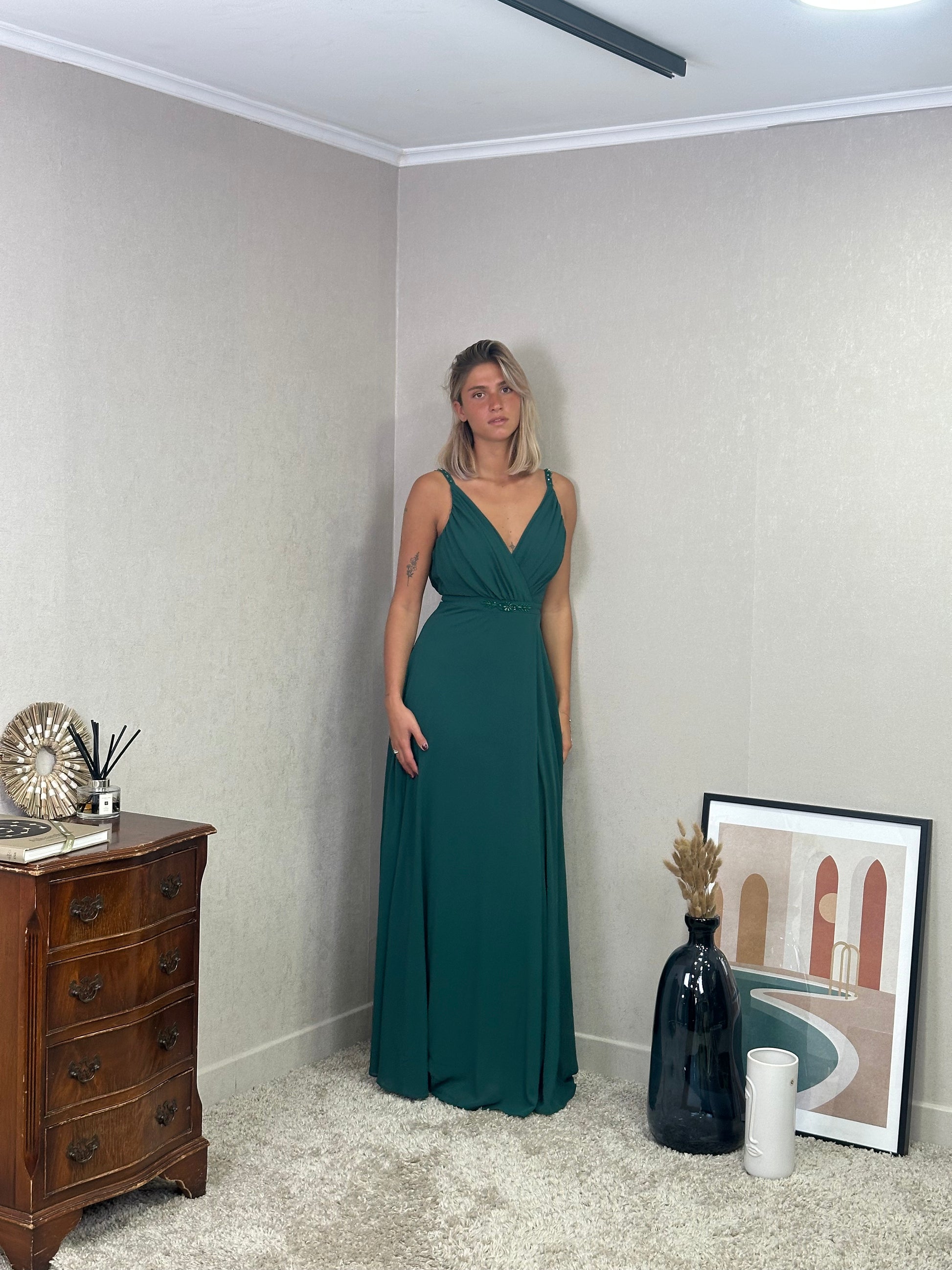 Robe de cérémonie fendue à bretelles, décolleté croisé et taille ornée - Pekin