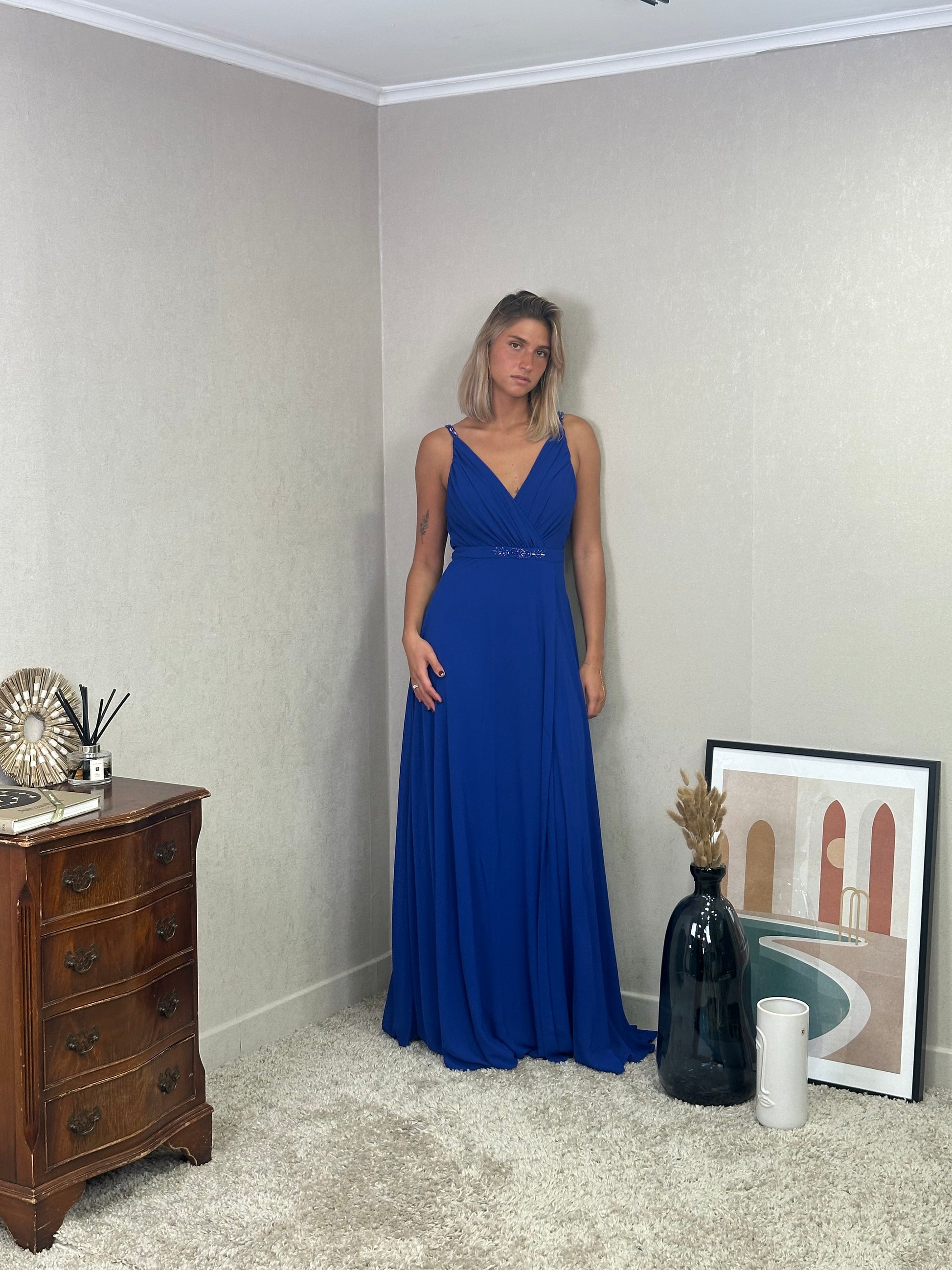 Robe de cérémonie fendue à bretelles, décolleté croisé et taille ornée - Pekin