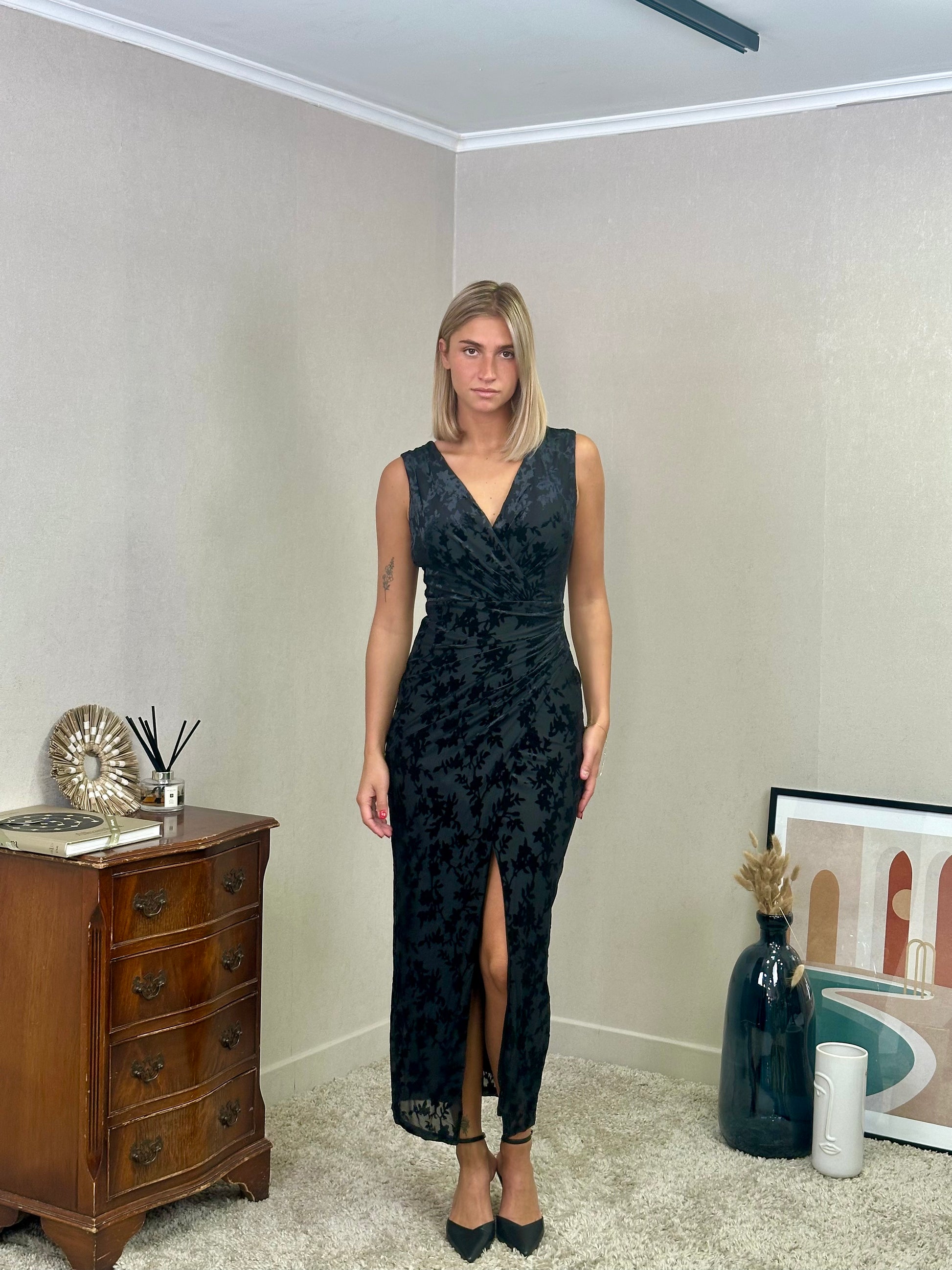 Robe en velour avec motifs de cocktails/soirée sans manche - FALIRAKI