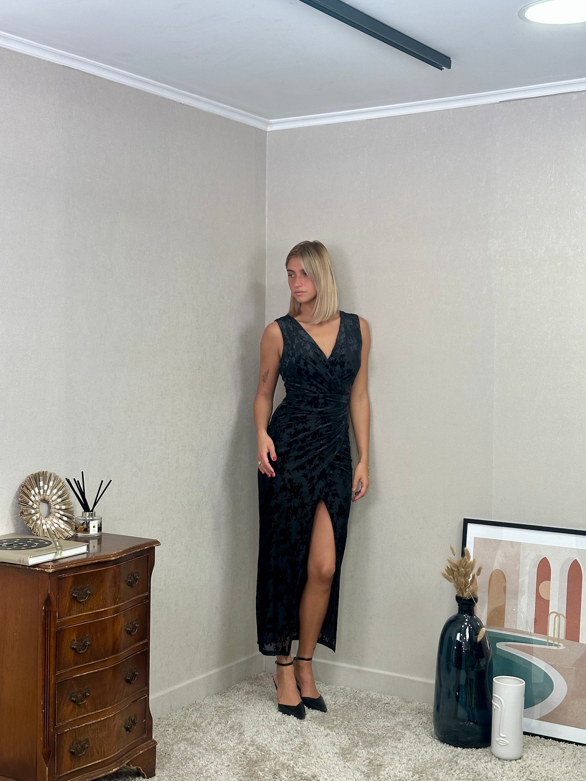 Robe en velour avec motifs de cocktails/soirée sans manche - FALIRAKI