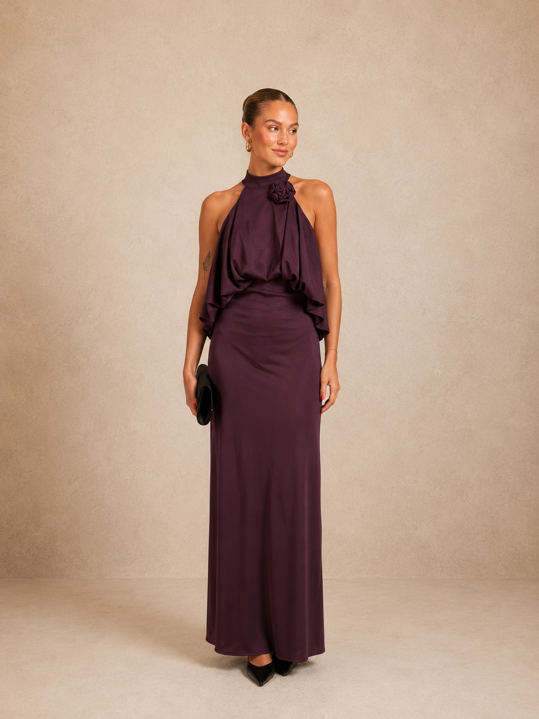 Robe longue marron à fleur épaulée Brisbane