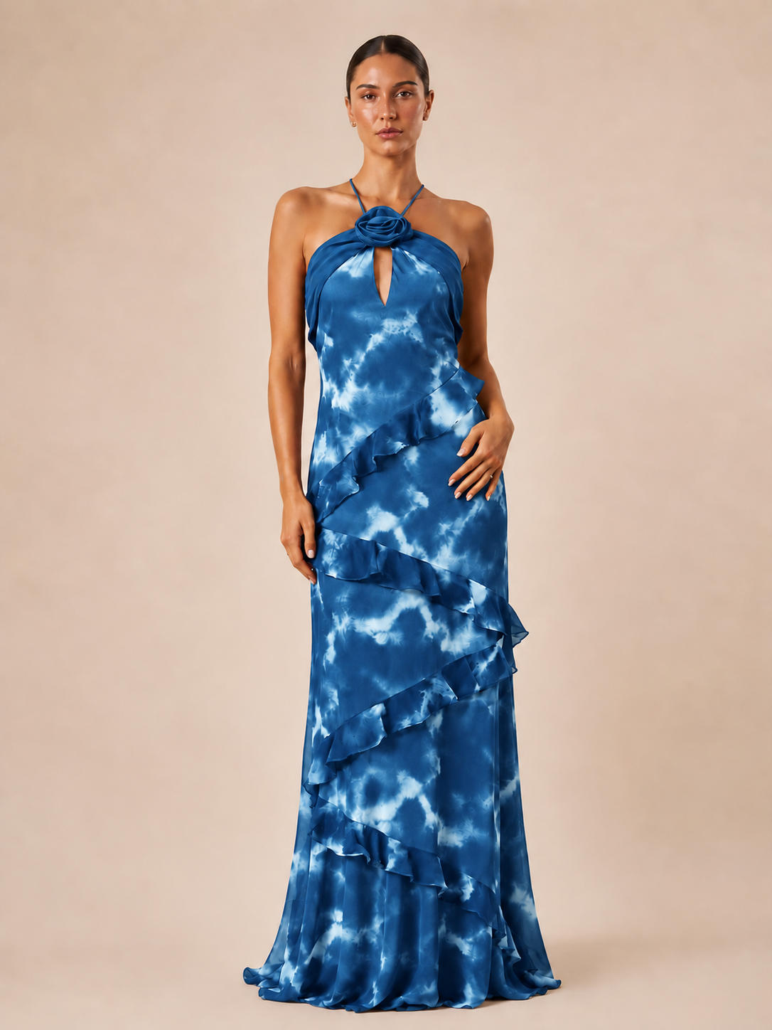 Robe longue imprimée à volants - Waka