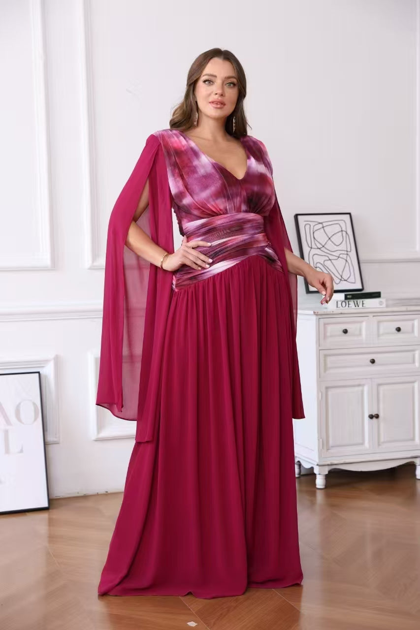 Robe de cérémonie longue fluide à décolleté en V et manches cape – Salem