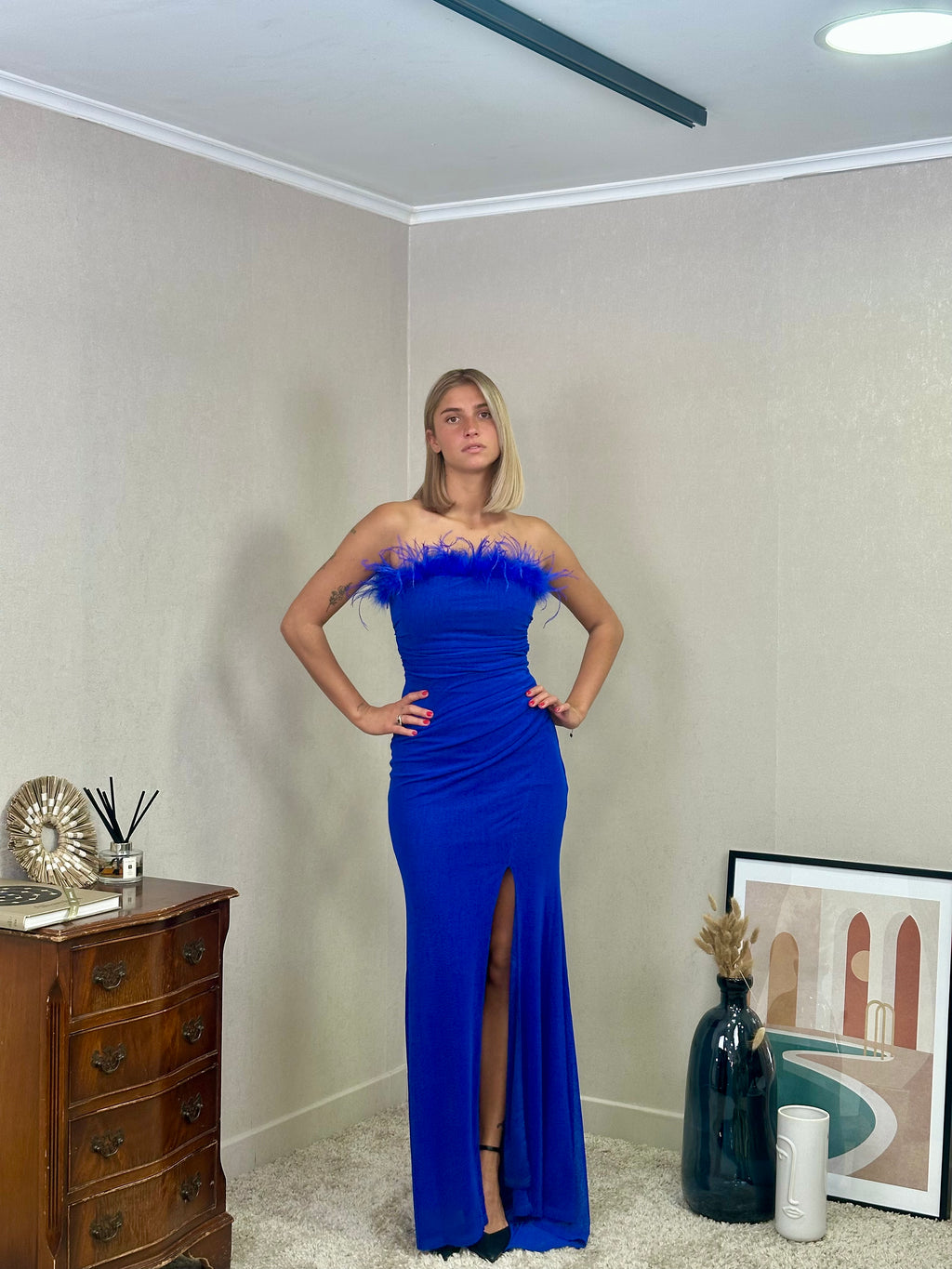 Robe bustier avec plume et belle fente - Vasteras