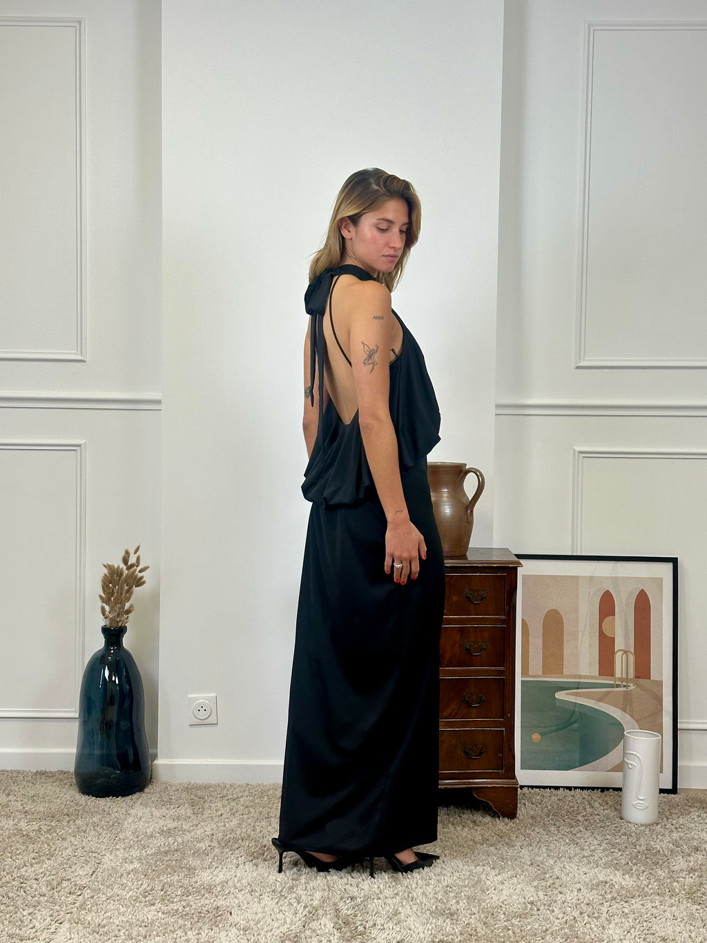 Robe longue marron à fleur épaulée Brisbane