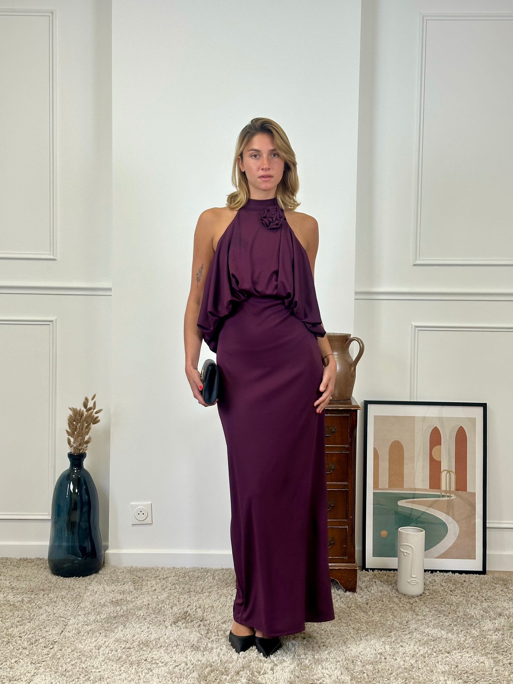 Robe longue marron à fleur épaulée Brisbane