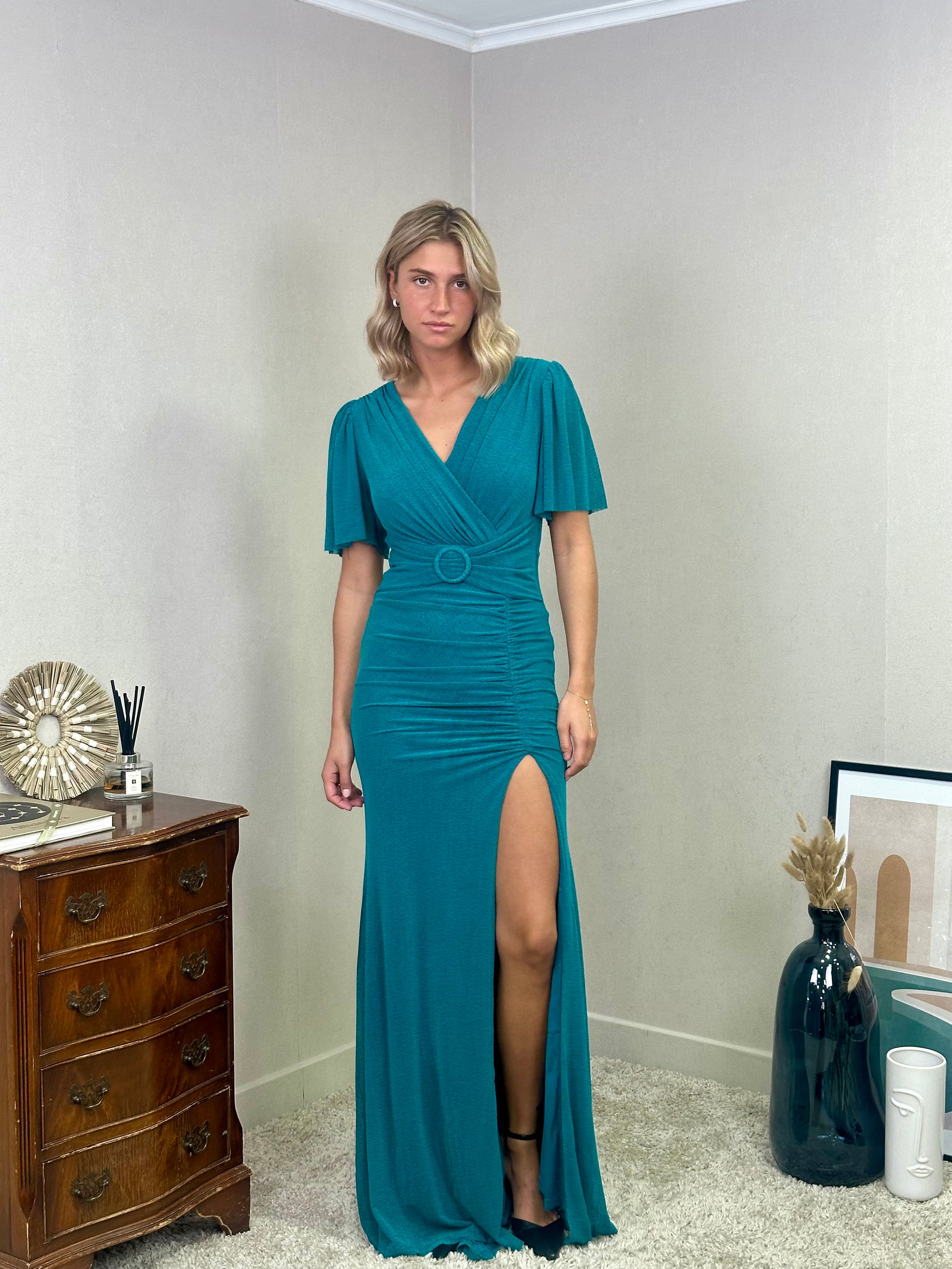 Robe de soirée fluide avec ceinture et manches papillon - PIRRI