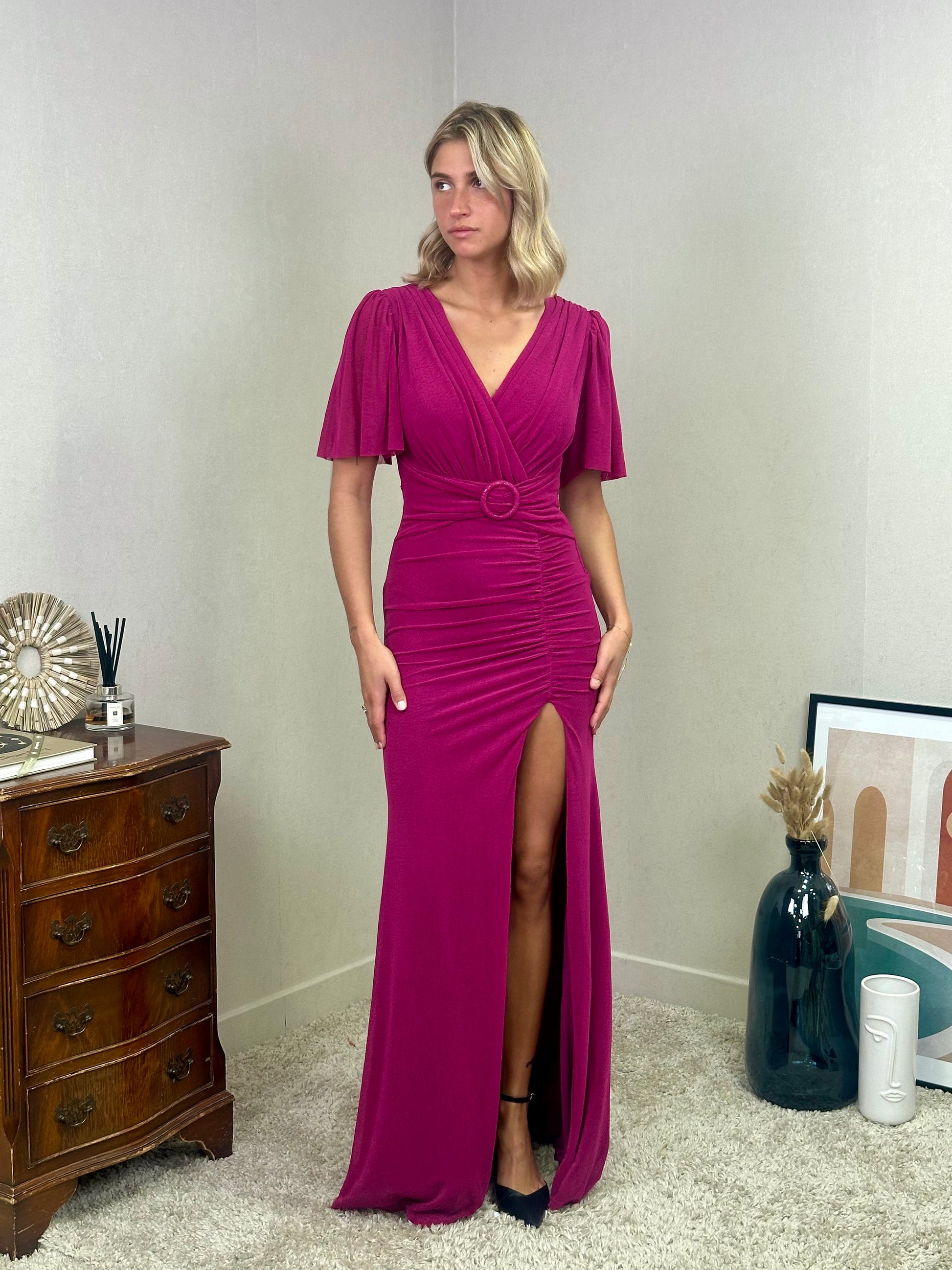 Robe de soirée fluide avec ceinture et manches papillon - PIRRI