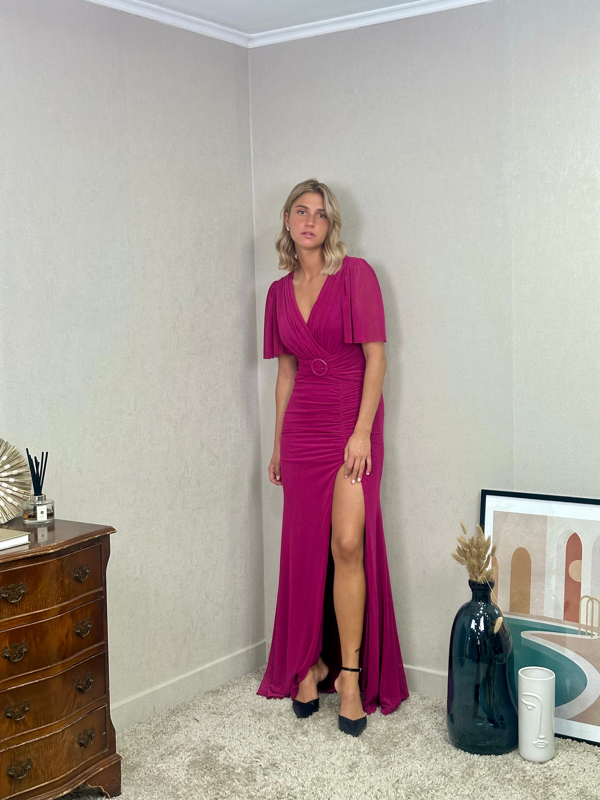 Robe de soirée fluide avec ceinture et manches papillon - PIRRI