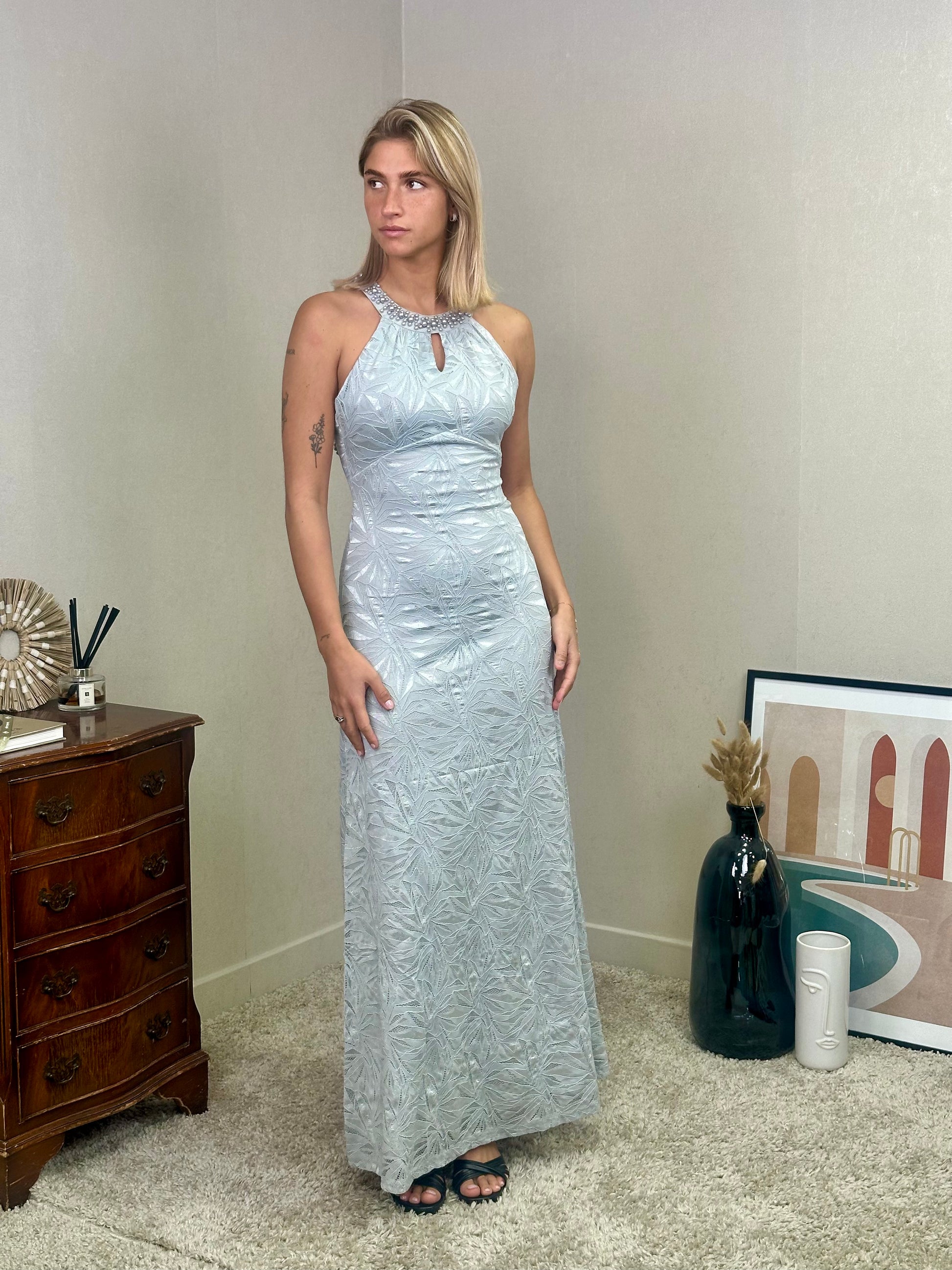 Robe de soirée dos croisé avec col perlé - SHANGHAI