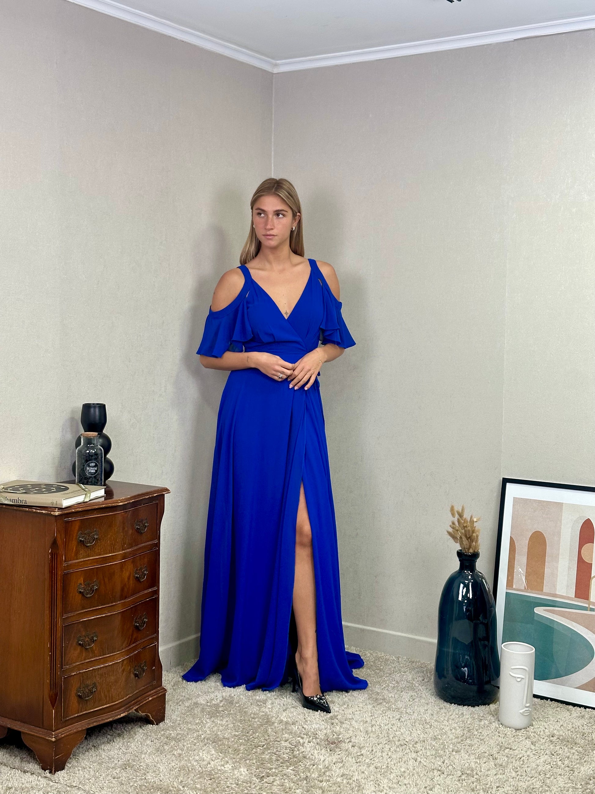 Robe de cérémonie longue fluide cache-cœur à manches volantées et fente élégante - Hyère