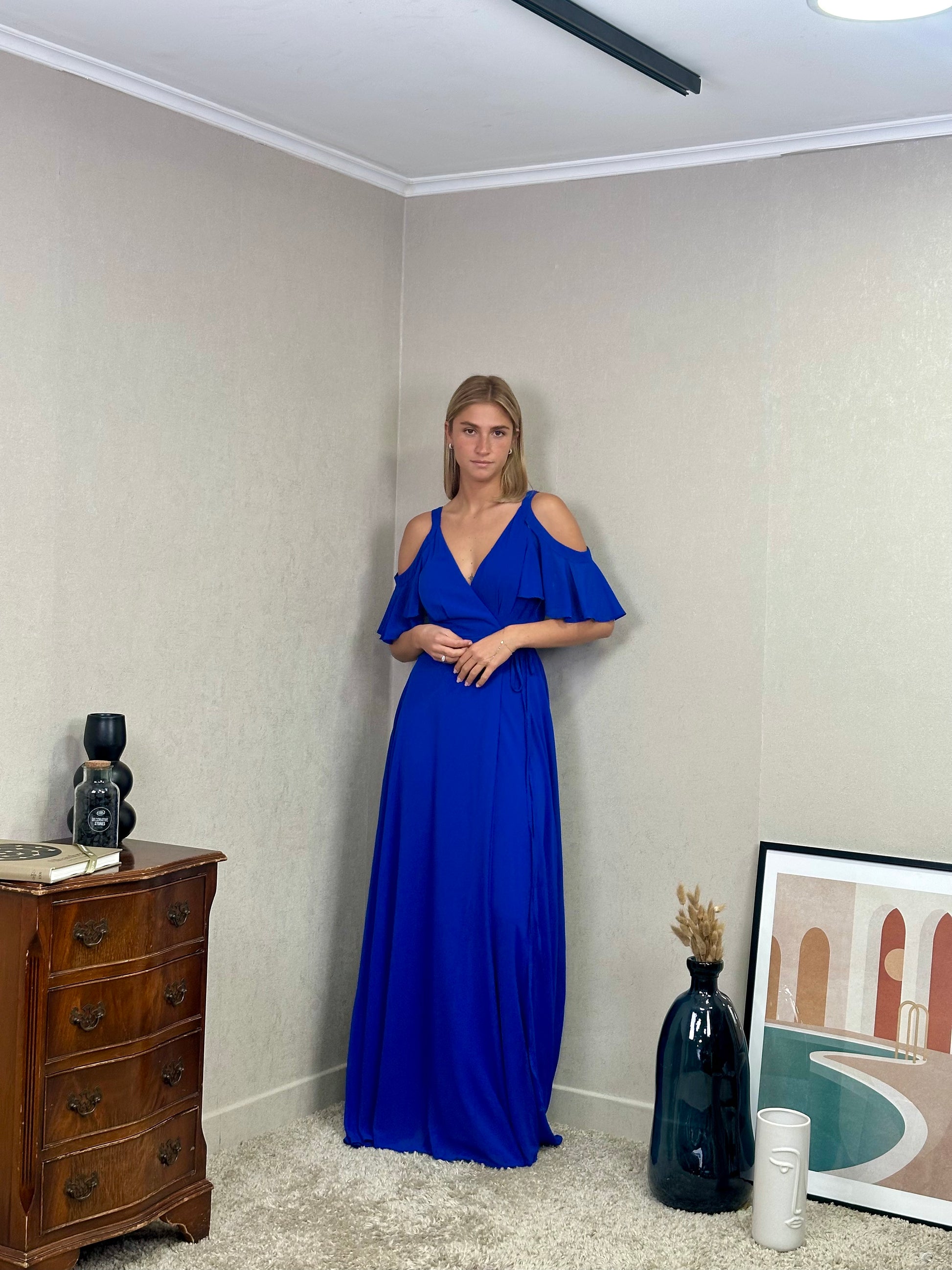 Robe de cérémonie longue fluide cache-cœur à manches volantées et fente élégante - Hyère