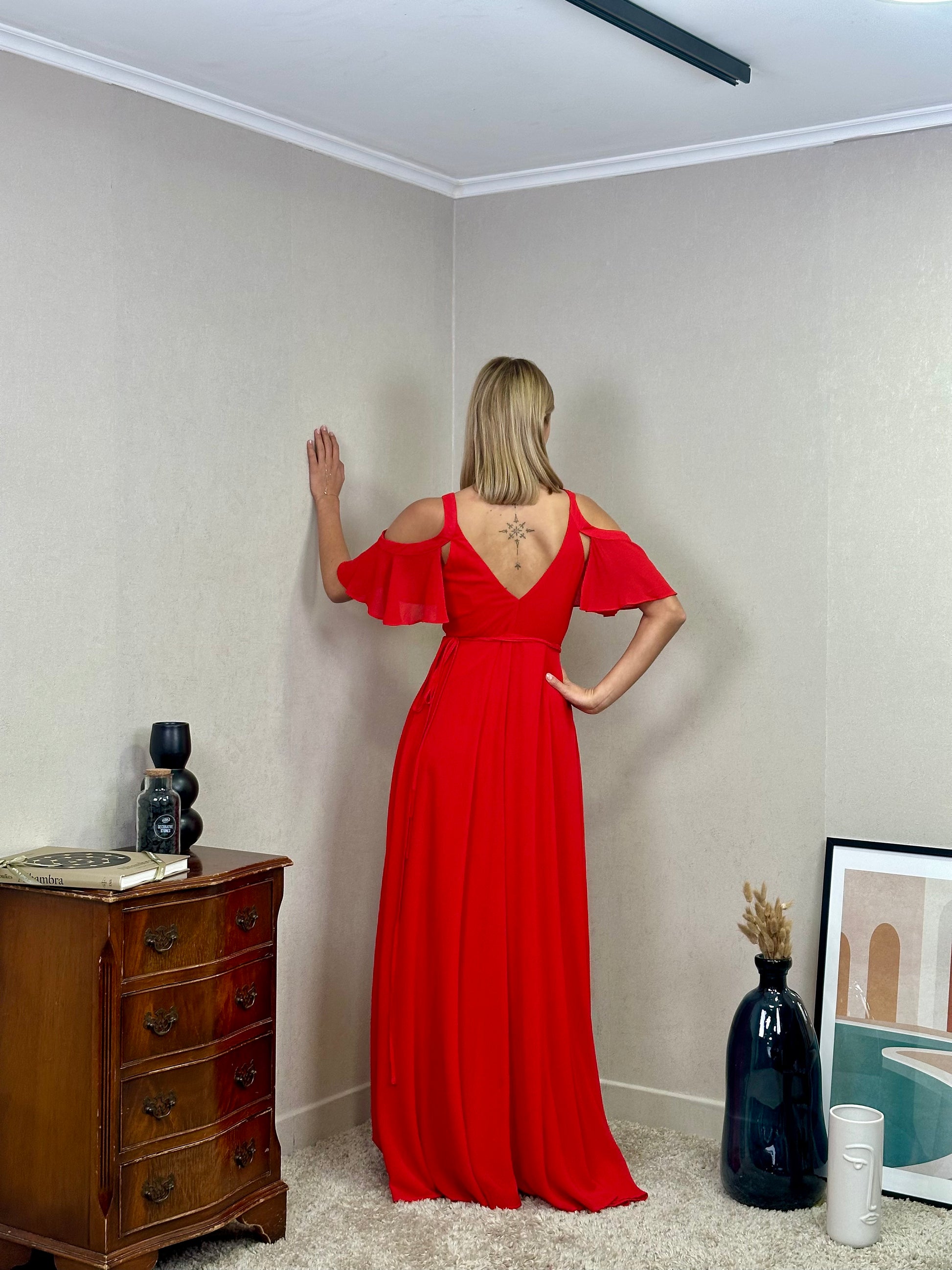 Robe de cérémonie longue fluide cache-cœur à manches volantées et fente élégante - Hyère