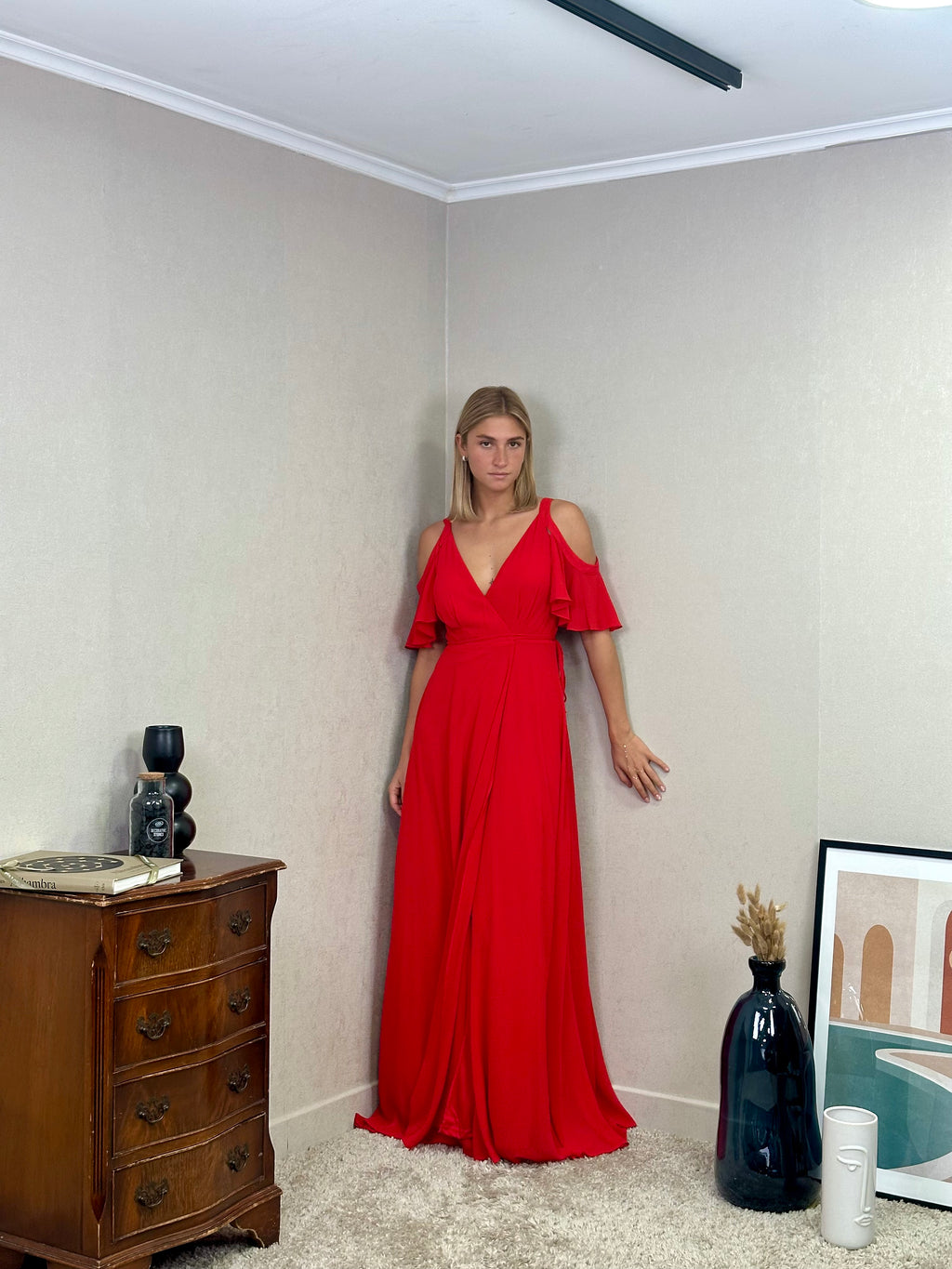 Robe de cérémonie longue fluide cache-cœur à manches volantées et fente élégante - Hyère