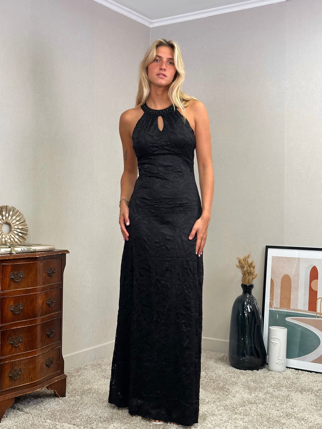 Robe de soirée dos croisé avec col perlé - SHANGHAI