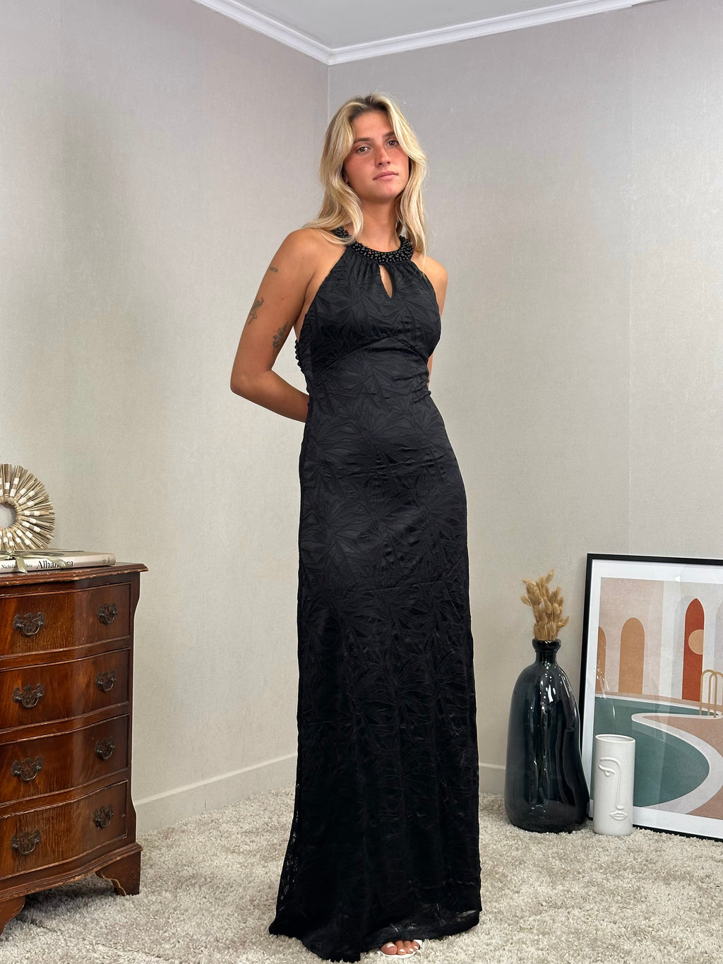 Robe de soirée dos croisé avec col perlé - SHANGHAI