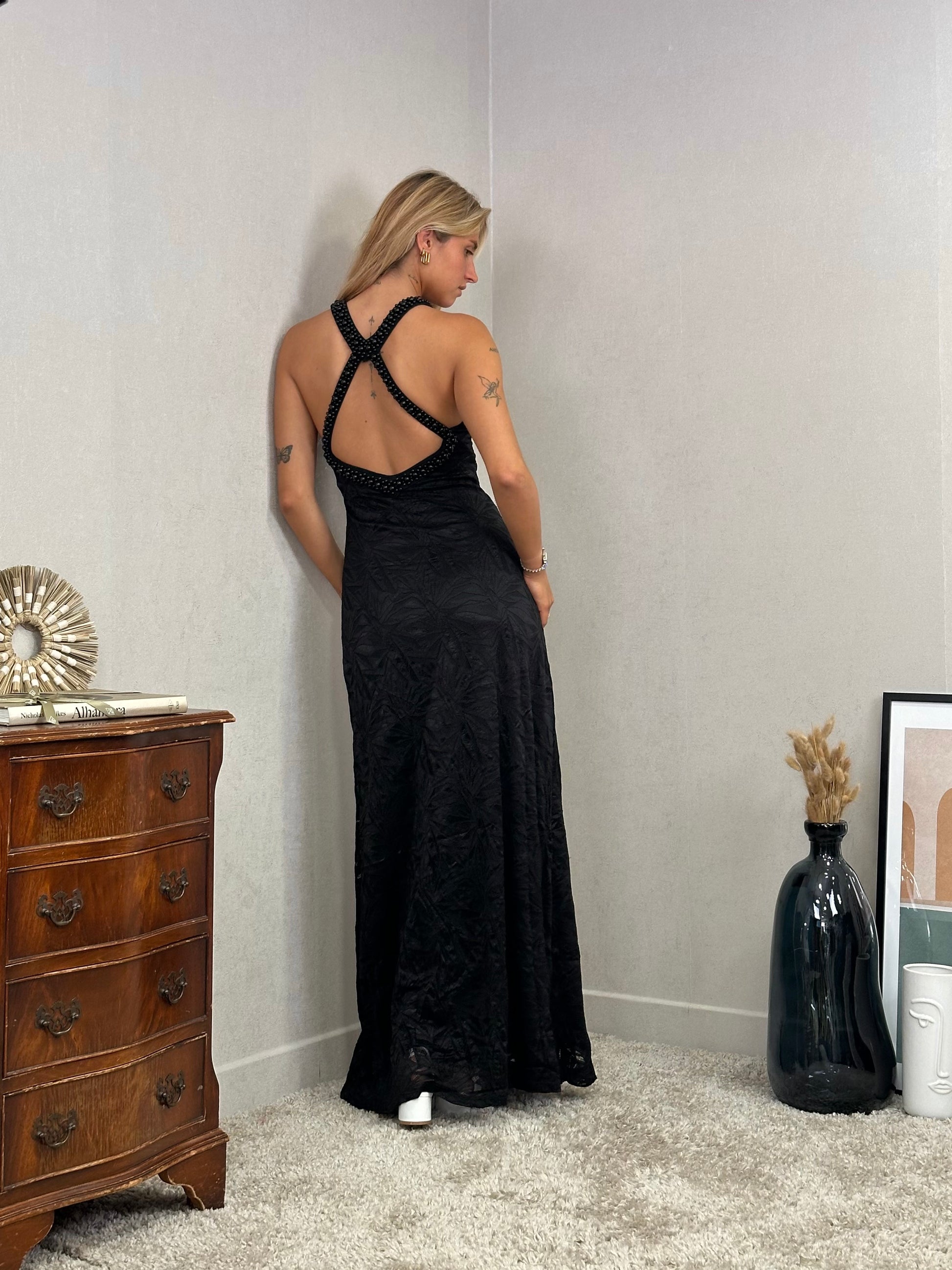 Robe de soirée dos croisé avec col perlé - SHANGHAI