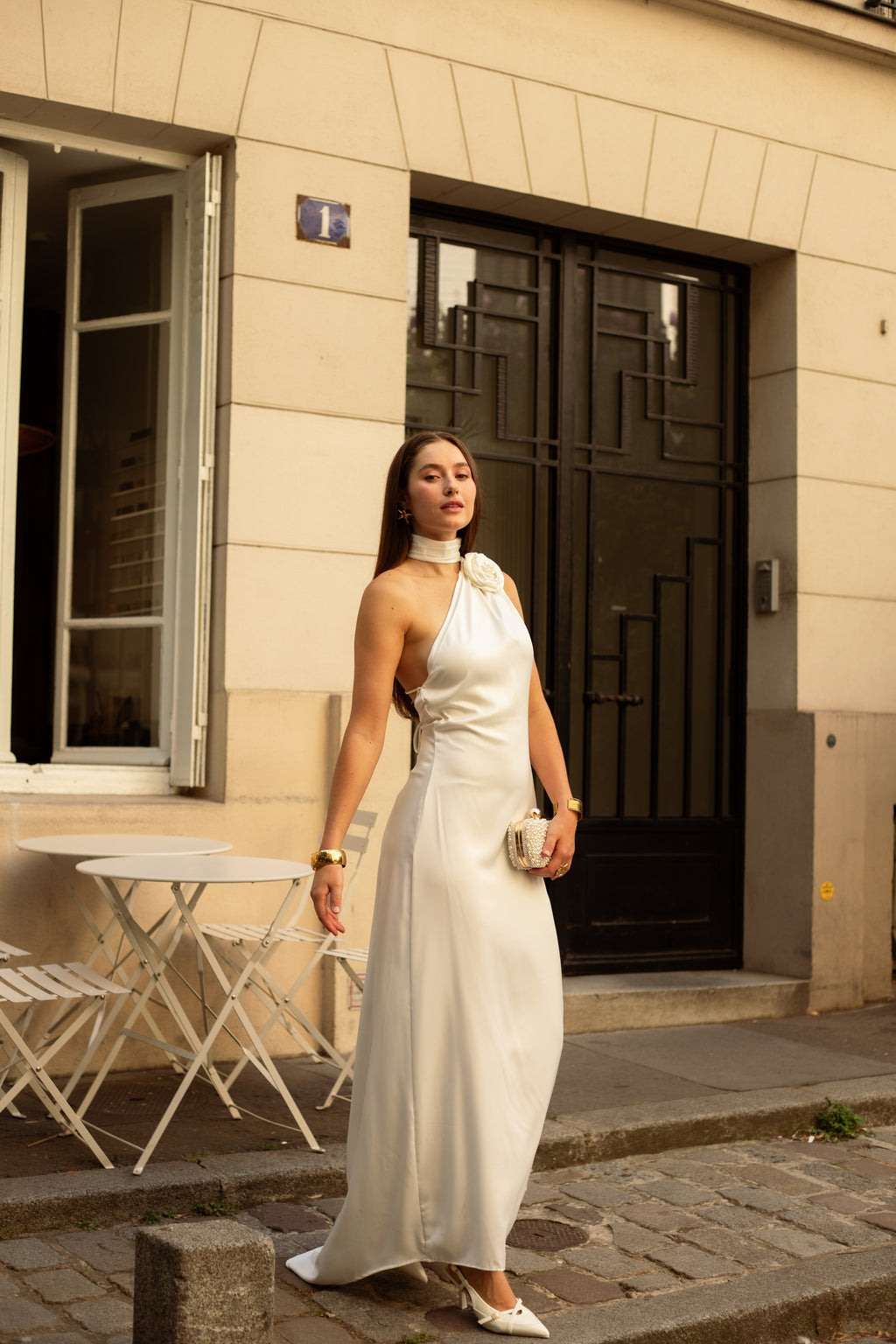 Robe longue en satin col montant - Hamilton
