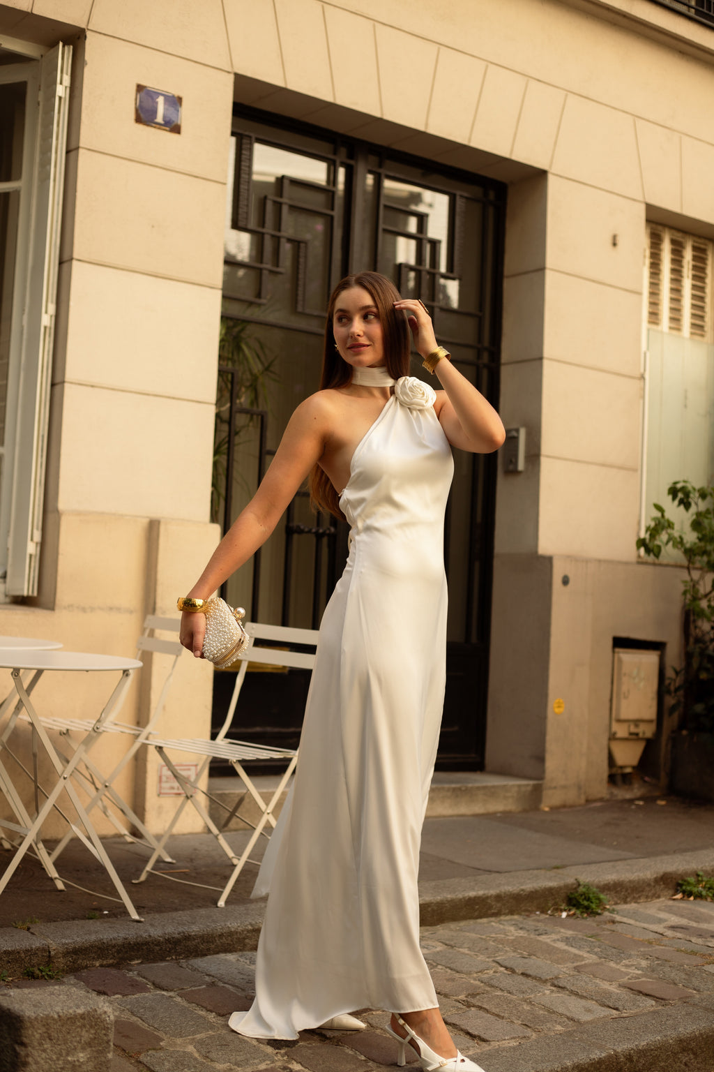 Robe longue en satin col montant - Hamilton