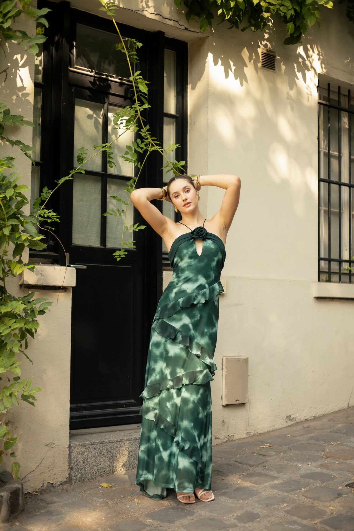 Robe longue imprimée à volants - Waka