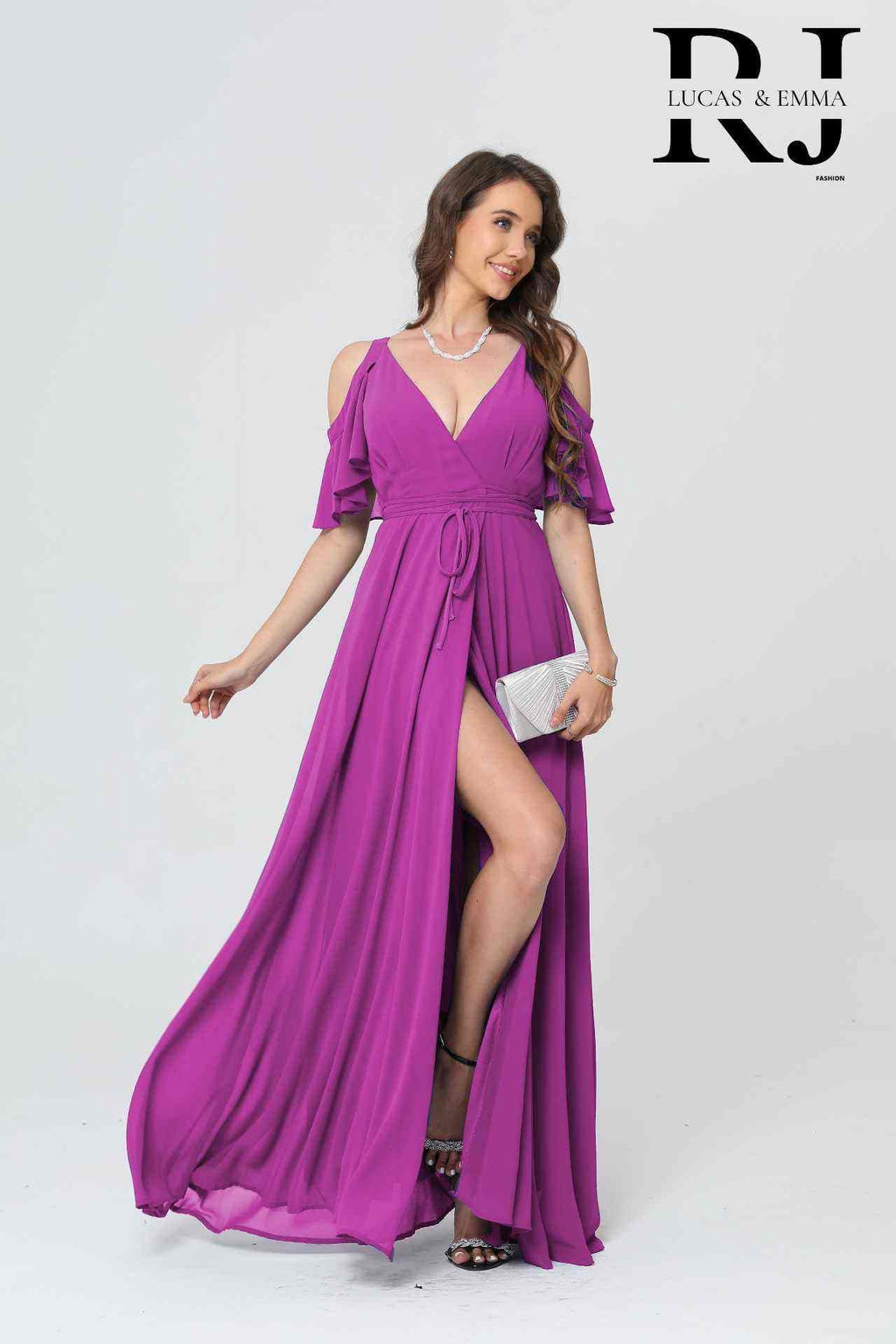 Robe de cérémonie longue fluide cache-cœur à manches volantées et fente élégante - Hyère