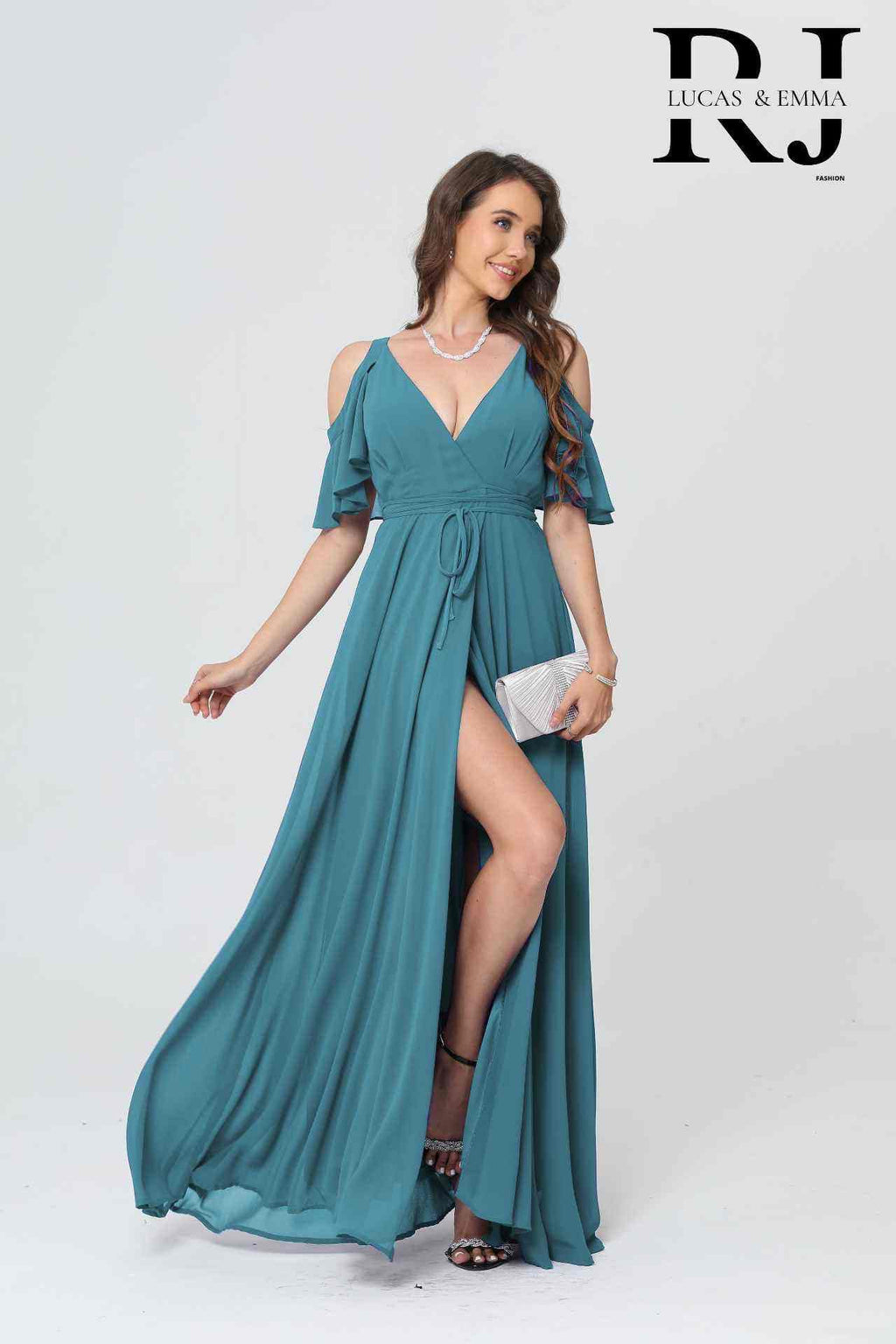 Robe de cérémonie longue fluide cache-cœur à manches volantées et fente élégante - Hyère