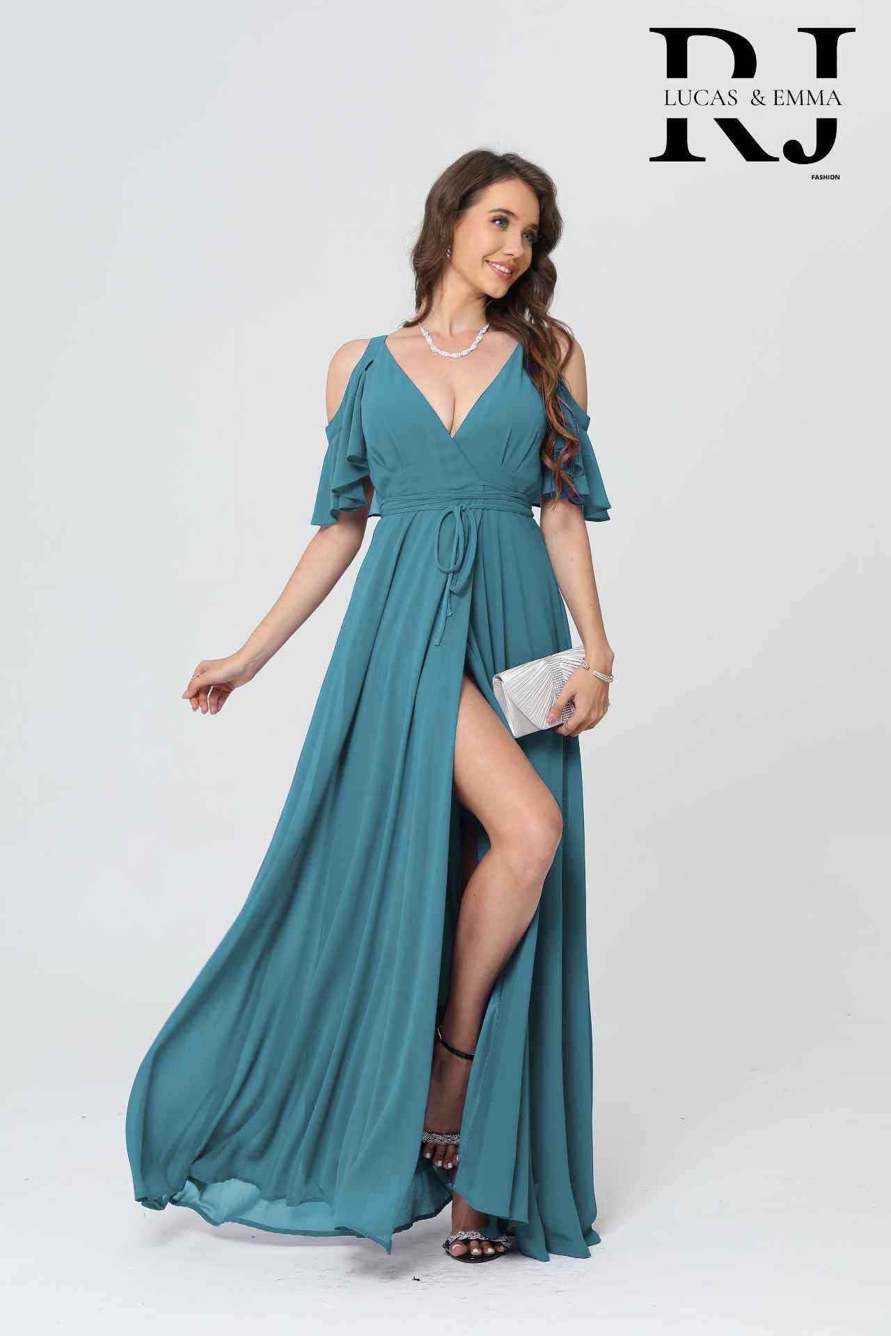 Robe de cérémonie longue fluide cache-cœur à manches volantées et fente élégante - Hyère