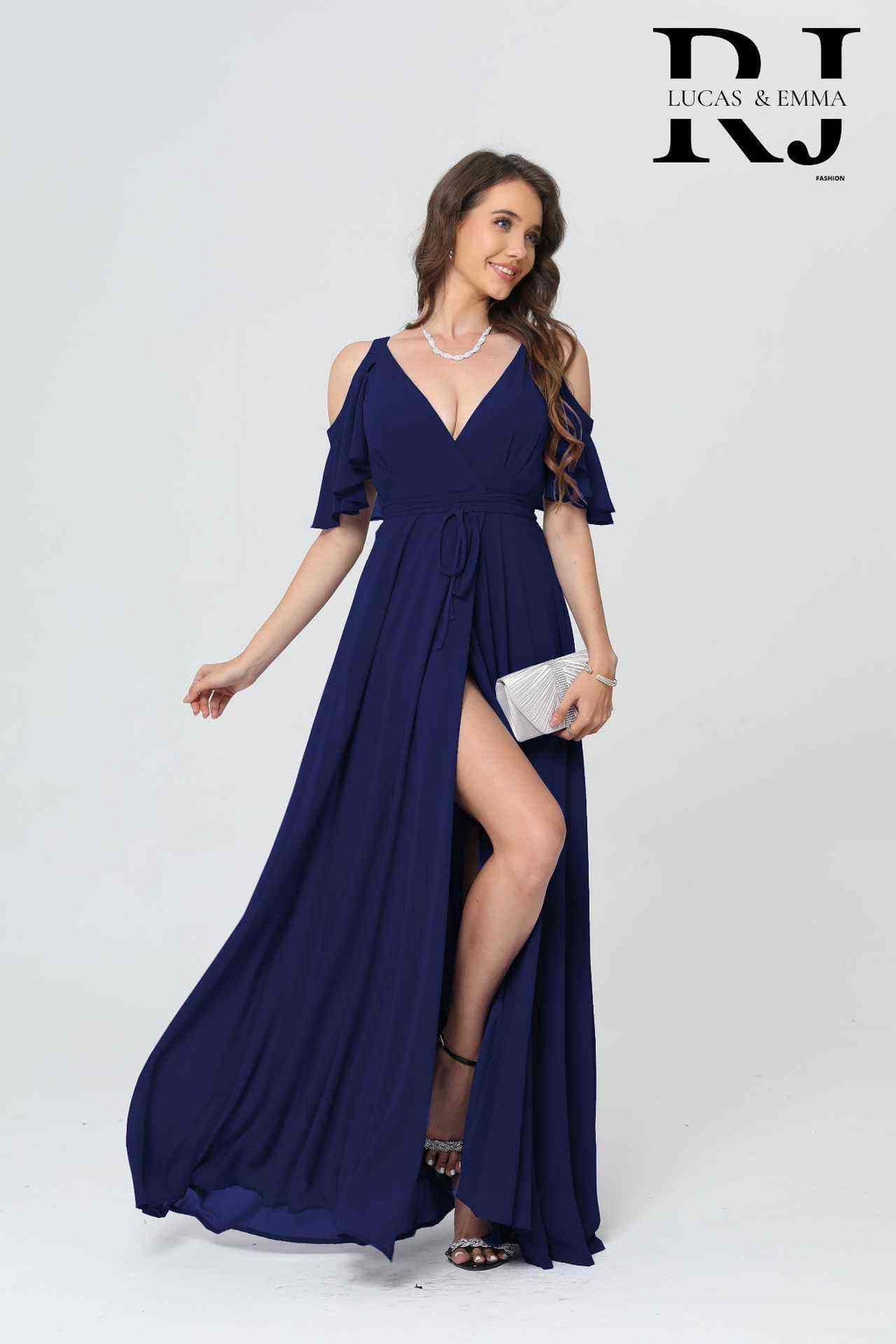 Robe de cérémonie longue fluide cache-cœur à manches volantées et fente élégante - Hyère