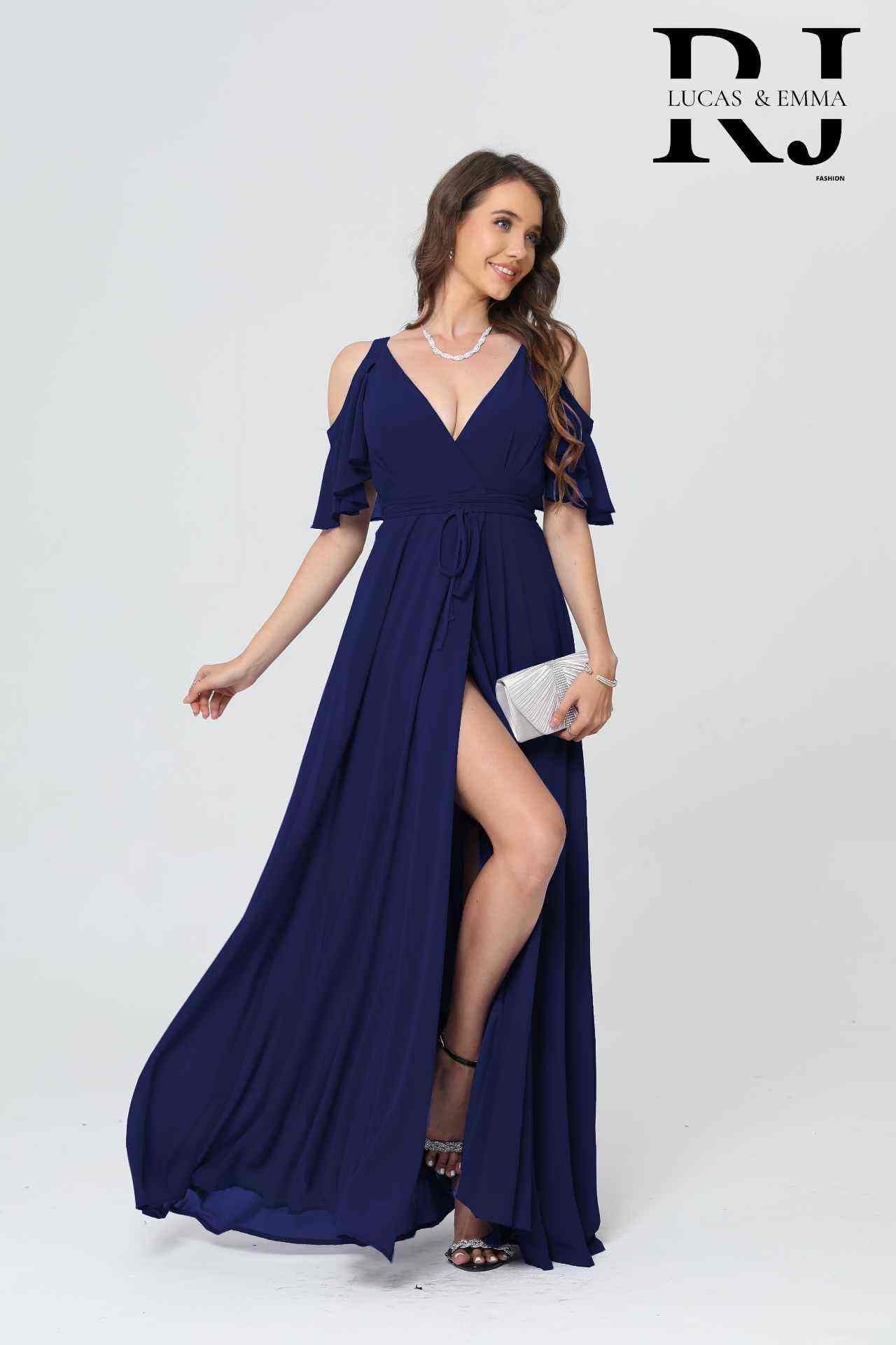 Robe de cérémonie longue fluide cache-cœur à manches volantées et fente élégante - Hyère