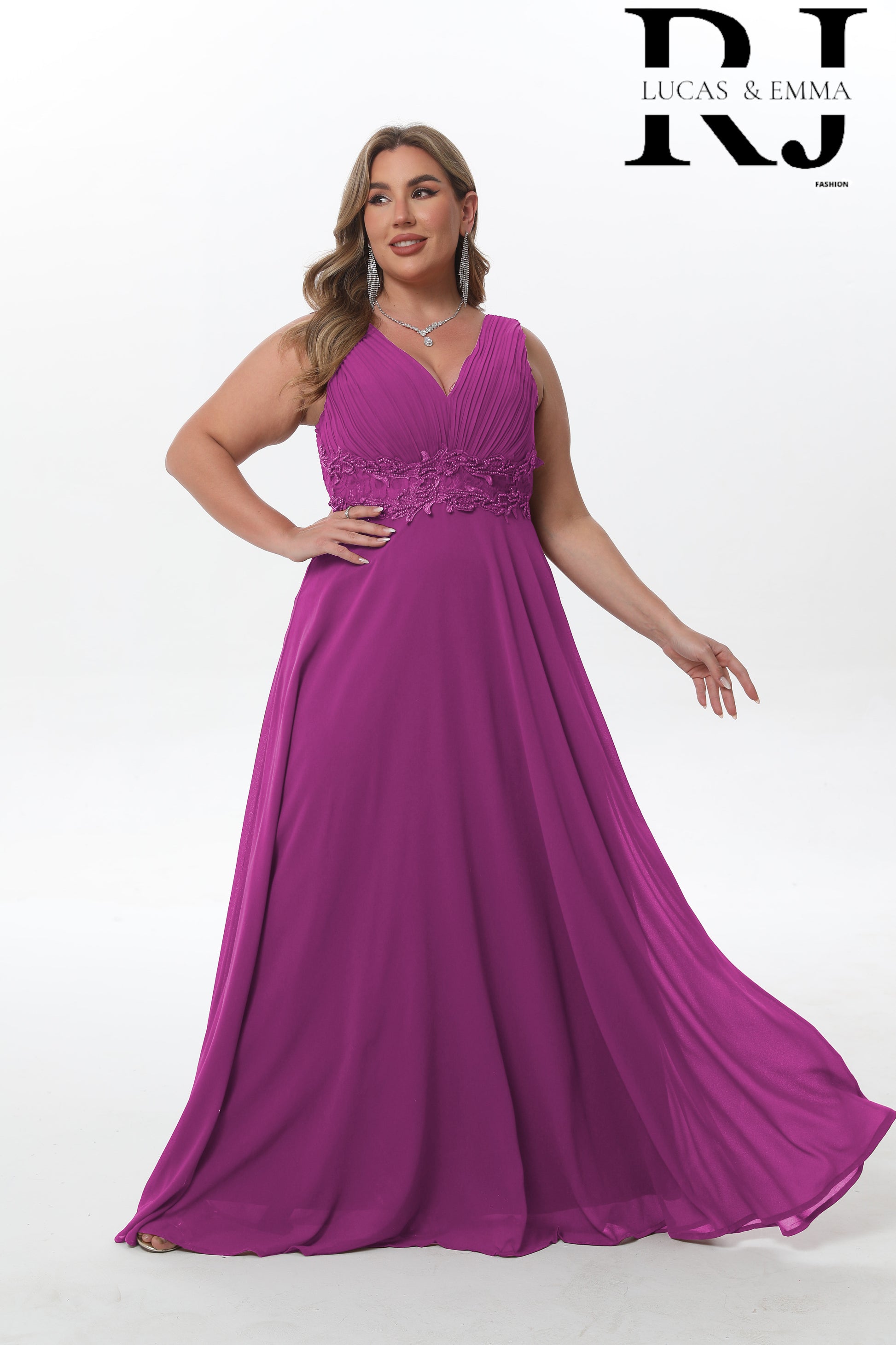 Robe de cérémonie longue grande taille élégante à décolleté en V - Leon