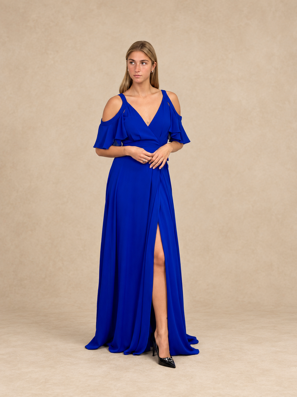 Robe de cérémonie longue cache-cœur à volants - Hyère