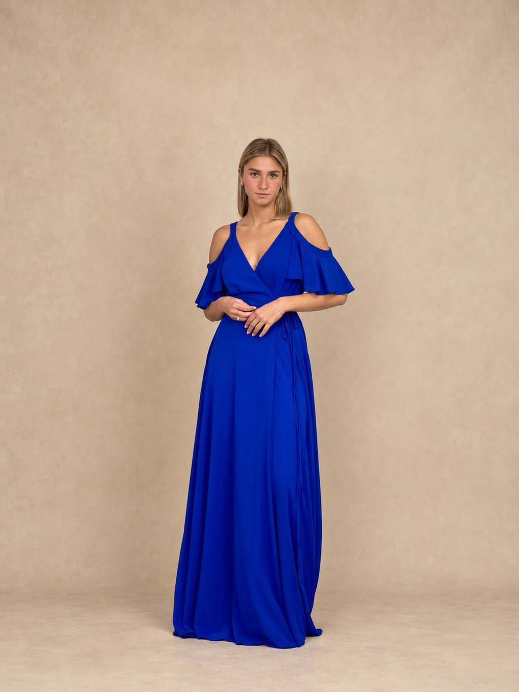 Robe de cérémonie longue cache-cœur à volants - Hyère