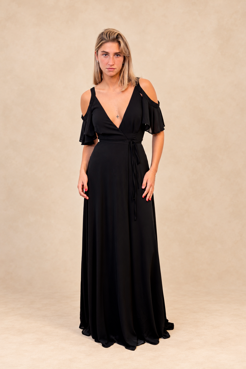 Robe de cérémonie longue cache-cœur à volants - Hyère