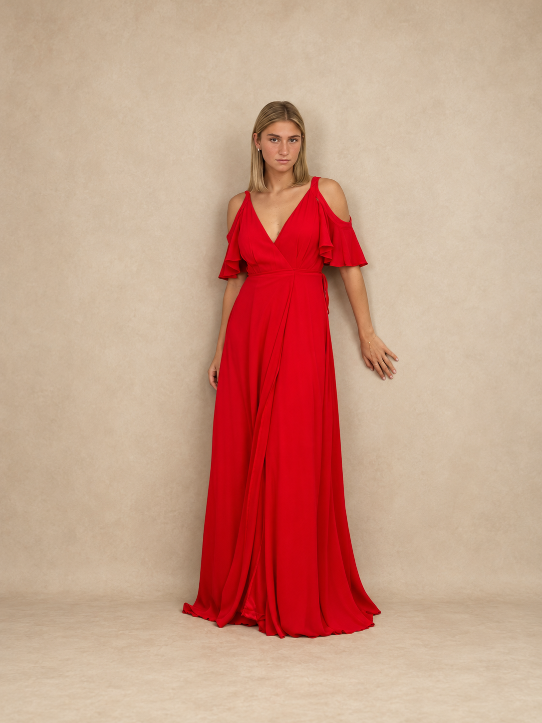 Robe de cérémonie longue cache-cœur à volants - Hyère