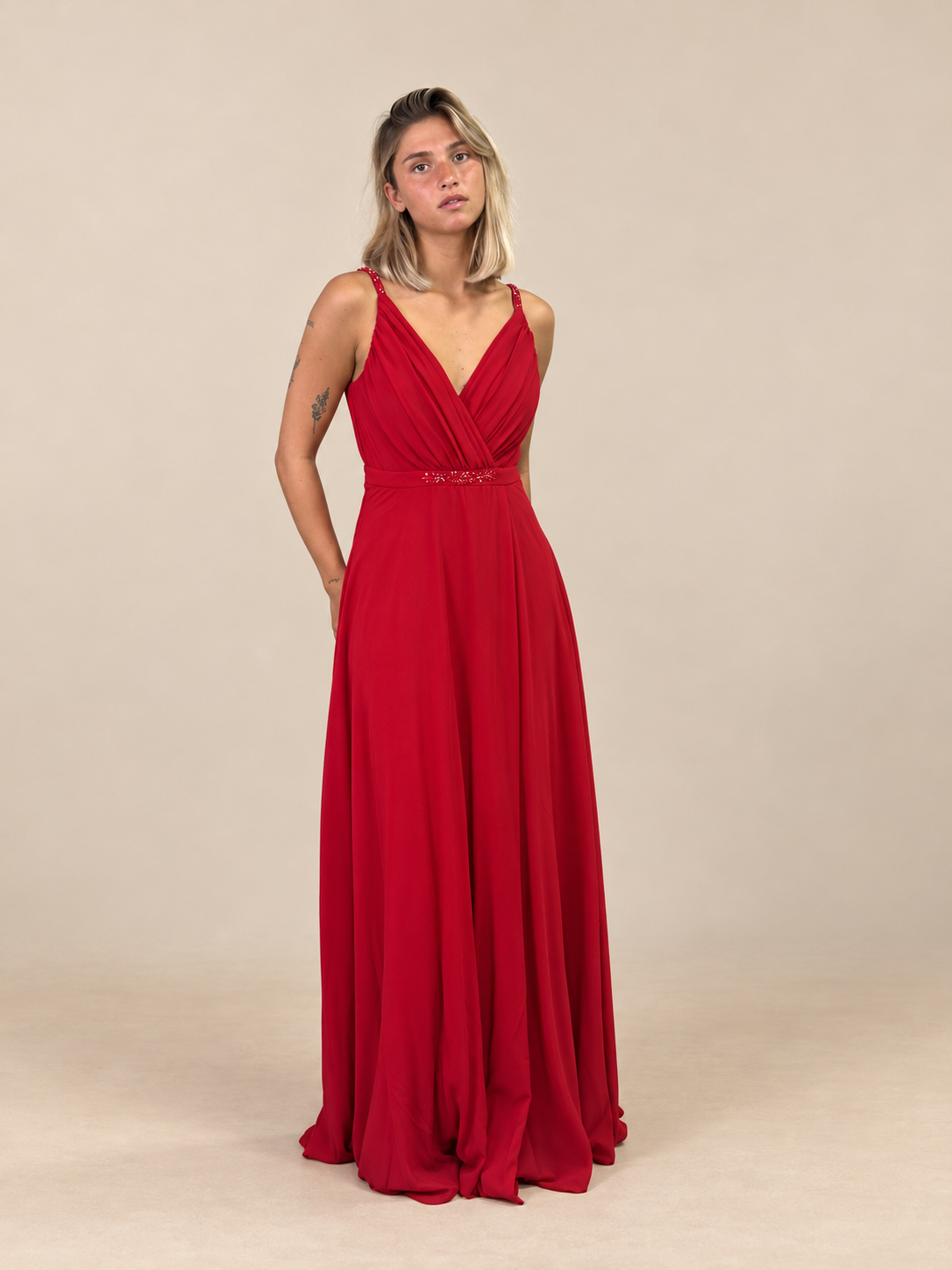 Robe de cérémonie longue décolleté croisé - Pekin