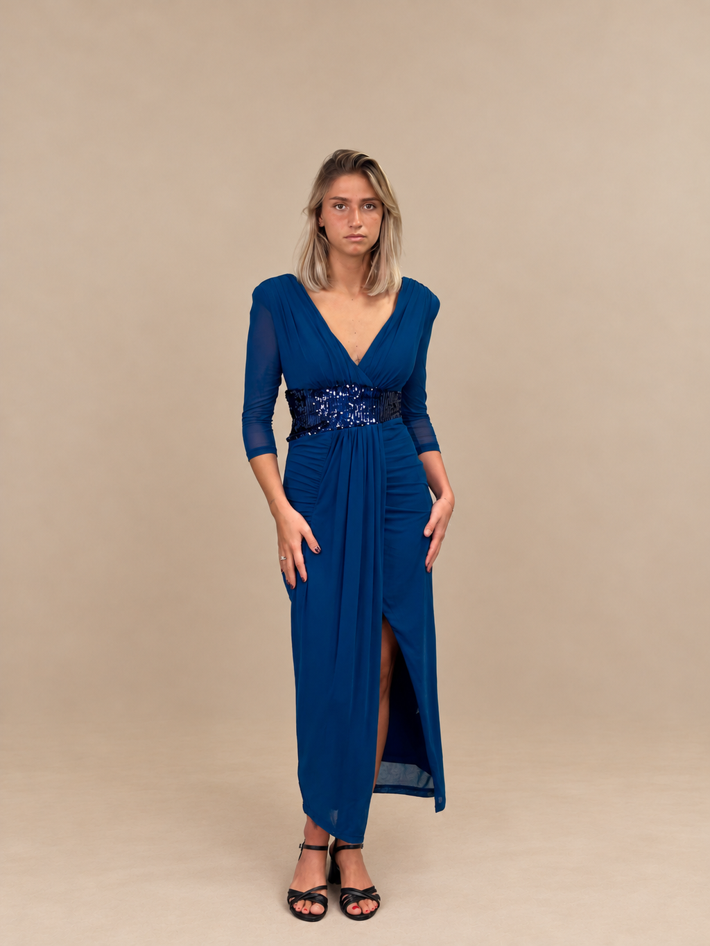 Robe de soirée midi à ceinture sequins - Carolina