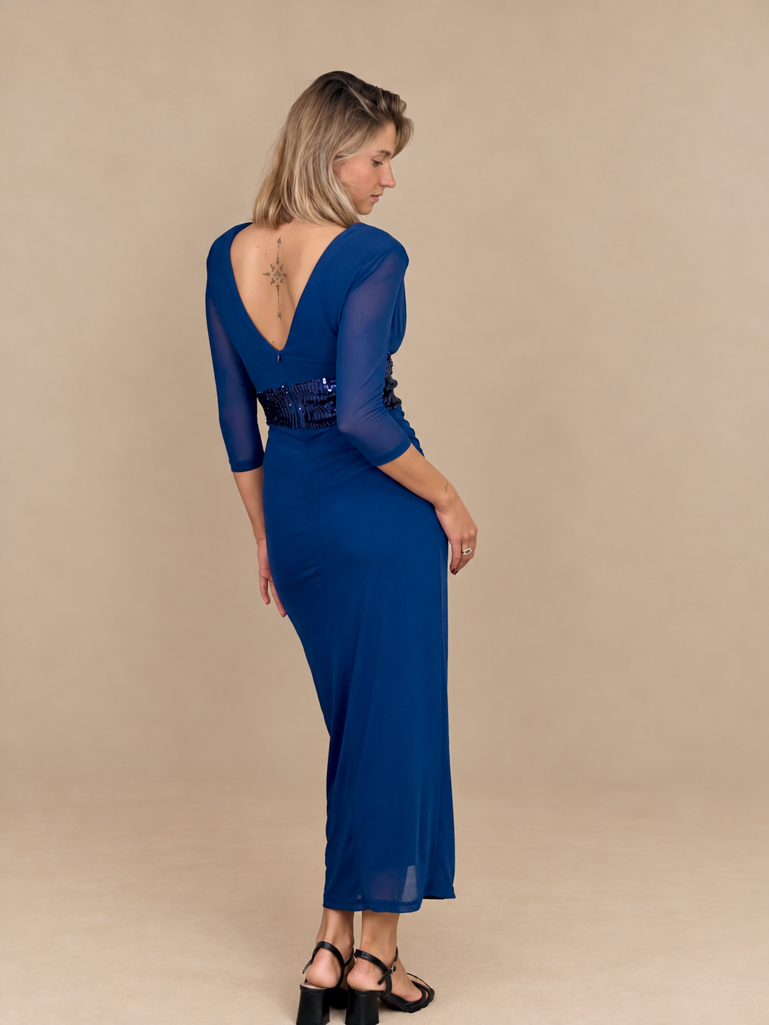 Robe de soirée midi à ceinture sequins - Carolina