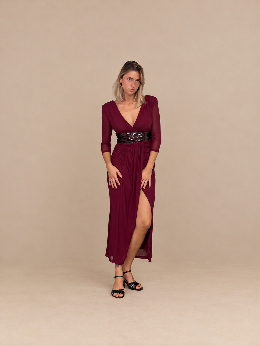 Robe de soirée midi à ceinture sequins - Carolina