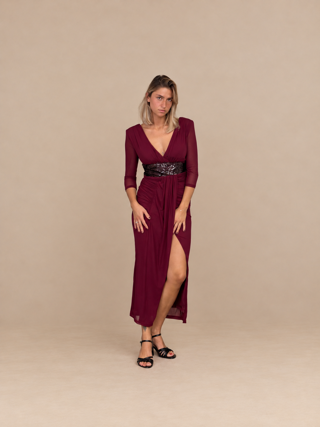 Robe de soirée midi à ceinture sequins - Carolina