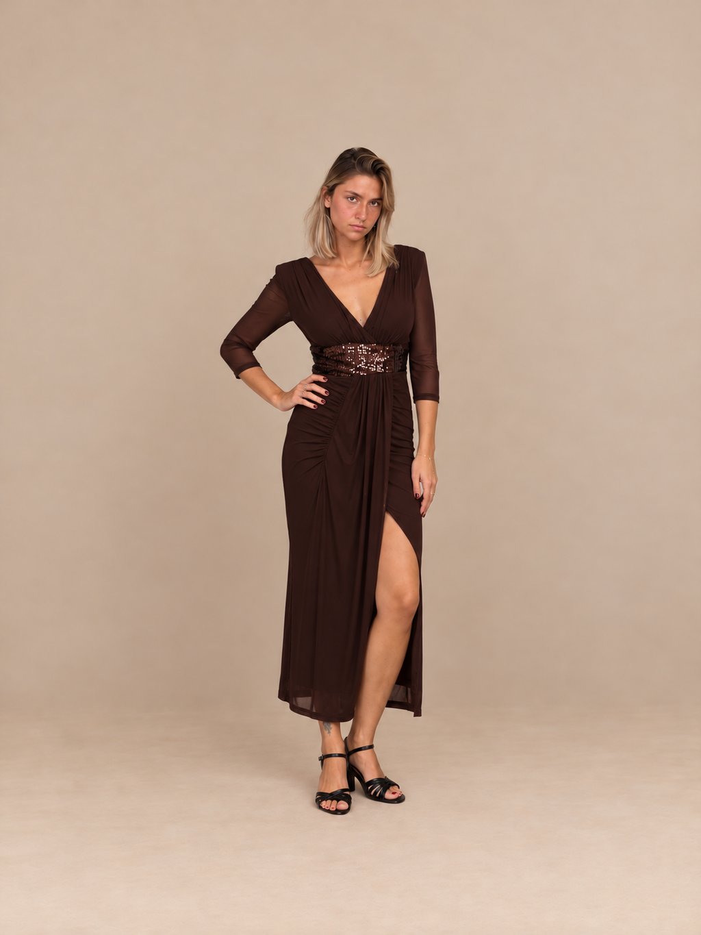 Robe de soirée midi à ceinture sequins - Carolina