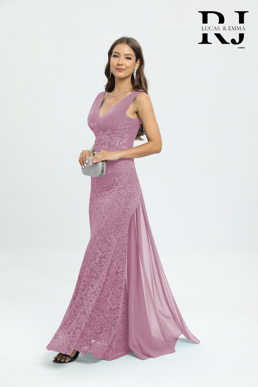 Robe de cérémonie longue en dentelle à décolleté en V et dos lacé - Rabat